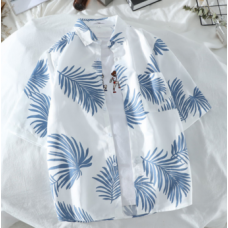 Blue & White Stitching Seaside Coconut Tree Printing Men's Short Sleeve Shirt