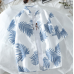 Blue & White Stitching Seaside Coconut Tree Printing Men's Short Sleeve Shirt