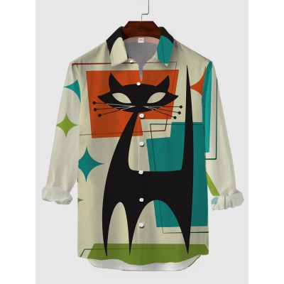 Medieval Fashion Cat Pattern Printing Men's Long Sleeve Shirt